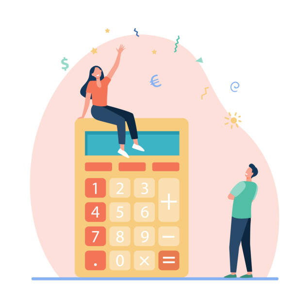 Tiny people and large calculator Tiny people and large calculator. Finance, digit, conversion flat vector illustration. Accounting and calculation concept for banner, website design or landing web page calculator stock illustrations