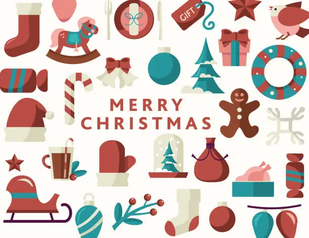 Vector illustration of Cute and colorful Merry Christmas greeting banner design with holiday icons