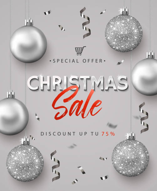 Poster for Christmas Sale. Calligraphic text on the background of silver glitter balls and confetti. Banner or poster for shopping store discount Poster for Christmas Sale. Calligraphic text on the background of silver glitter balls and confetti. Banner or poster for shopping store discount silver medal stock illustrations
