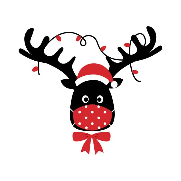 Vector illustration of Reindeer wearing red medical face mask and Santa hat in flat design. Merry Christmas festival celebration in Covid-19 Coronavirus outbreak concept vector illustration.