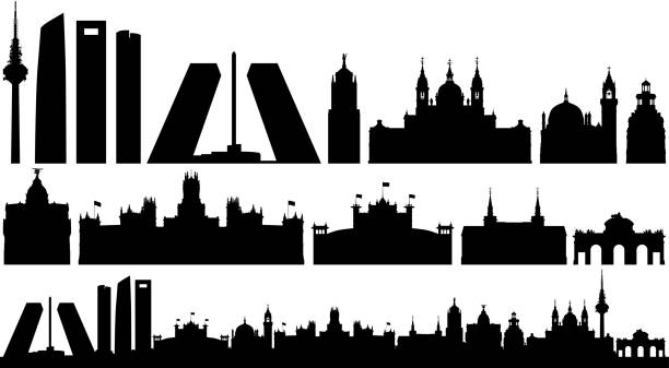 ilustraciones, imágenes clip art, dibujos animados e iconos de stock de silueta del horizonte de madrid (todos los edificios son completos y móviles) - skyline madrid