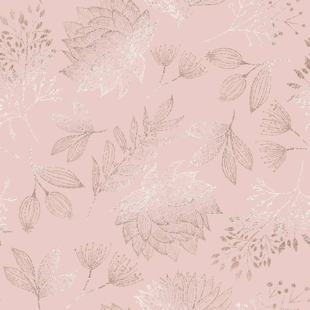 Rose Gold Colored Floral Seamless Pattern with Hand Drawn Leaves, Bloosoms and Branches. Christmas and New Year Greeting Card Background Template, Christmas Present Wrapping Paper. Rose Gold Foil Vector Design Element for Birthday, New Year, Christmas Ca Rose Gold Colored Floral Seamless Pattern with Hand Drawn Leaves, Bloosoms and Branches. Christmas and New Year Greeting Card Background Template, Christmas Present Wrapping Paper. Rose Gold Foil Vector Design Element for Birthday, New Year, Christmas Card, Wedding Invitation. rose gold glitter stock illustrations