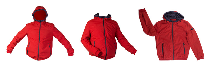 set of three male red jacket with a zipper with a hood isolated on a white background. Windbreaker jacket. Casual style