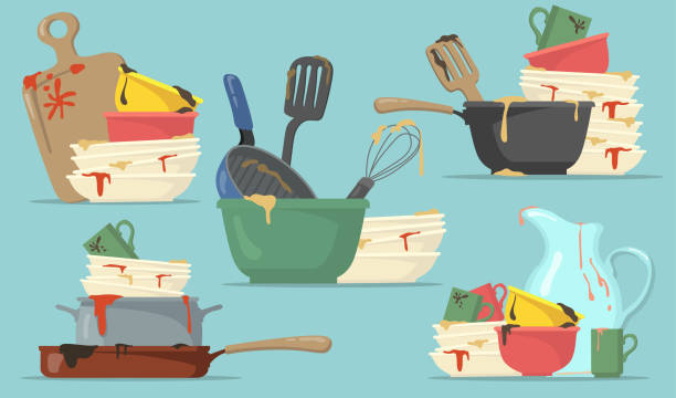 illustrations, cliparts, dessins animés et icônes de assiettes sales et tasses ensemble plat pour la conception web - cooking mess