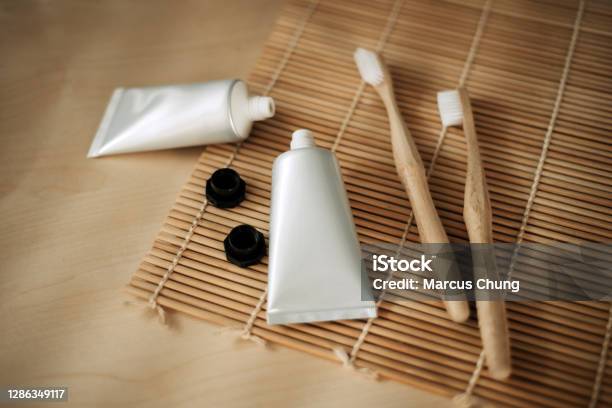 Handmade Toothpastes And Wooden Brush On Wooden Table Stock Photo - Download Image Now