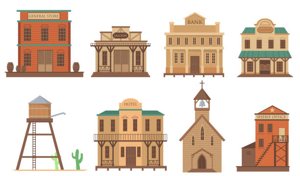 서양식 플랫 아이템 세트용 다양한 오래된 주택 - west facade stock illustrations