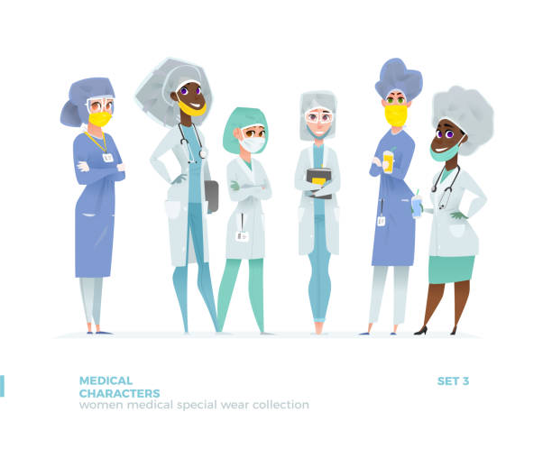 Medical Women Characters in Standing Pose. Medical Women Characters in Standing Pose. Special Uniform Design for Hospital caricature portrait board stock illustrations