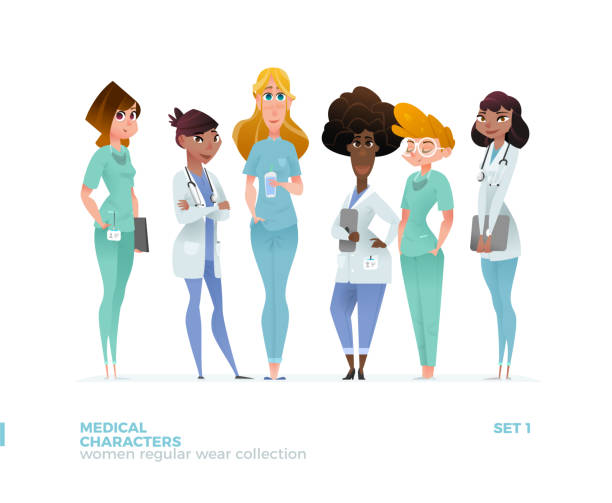 Medical Women Characters in Standing Pose. Medical Women Characters in Standing Pose. Special Uniform Design for Hospital caricature portrait board stock illustrations