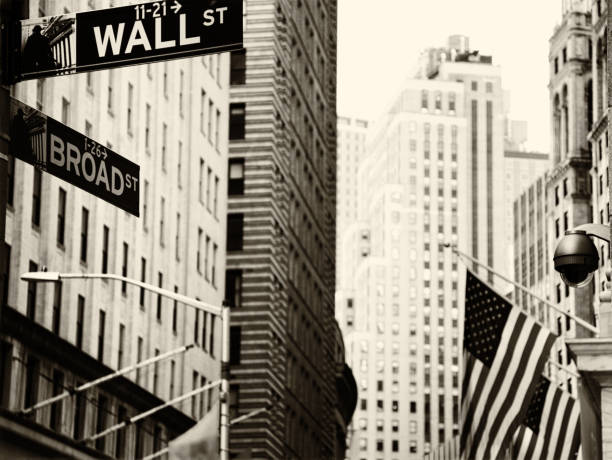 Wall Street, NYC. Wall Street, NYC. Sepia toned. wall street lower manhattan stock pictures, royalty-free photos & images