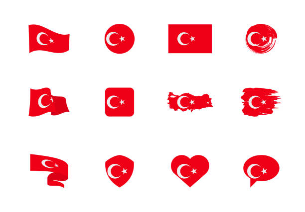 ilustraciones, imágenes clip art, dibujos animados e iconos de stock de banderas de turquía - colección plana. banderas de diferentes formas doce iconos planos. - bandera turquia