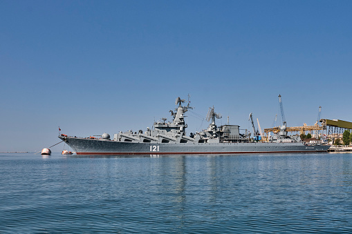 Sevastopol, Russia - September 26, 2020: Missile cruiser Moscow is moored in the port of Sevastopol. Black Sea Fleet of Russia.