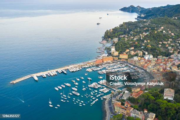 Panoramic View Of A Harbor In Ligurian Sea Santa Margherita Ligure Italy Colorful Houses On A Seashore Stock Photo - Download Image Now