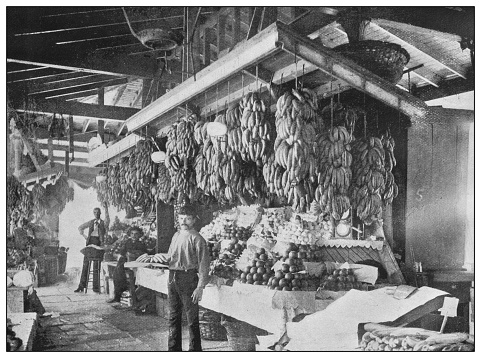 Antique black and white photo of the United States: French market, New Orleans