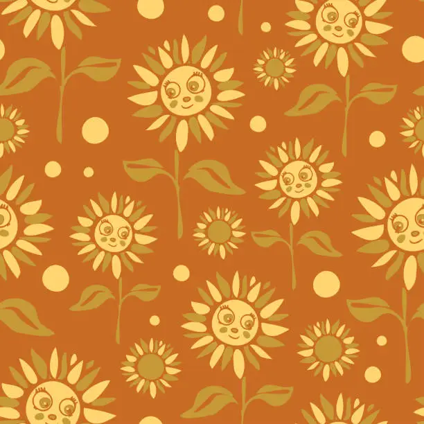 Vector illustration of Repeat vector pattern with sunflowers on brown background. Simple cartoon floral wallpaper design for children. Happy flower meadow fashion textile.