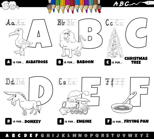 a에서 f 색칠 공부로 설정된 교육 만화 알파벳 문자 - letter f clip art decoration line art stock illustrations