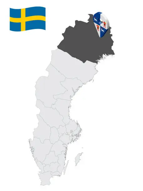 Vector illustration of Location Norrbotten County on map Sweden. 3d location sign similar to the flag of  Norrbotten County. Quality map  with regions of  Sweden for your design. EPS10.