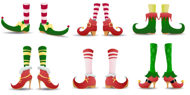 Elven legs elves shoes hat christmas dwarf pants legs with santa gifts isolated set. Shoes for elves feet, Santa Claus helpers. Christmas gnome legs in funny shoes. Vector illustration Elven legs elves shoes hat christmas dwarf pants legs with santa gifts isolated set. Shoes for elves feet, Santa Claus helpers. Christmas gnome legs in funny shoes. Vector illustration santa claus elf assistance christmas stock illustrations