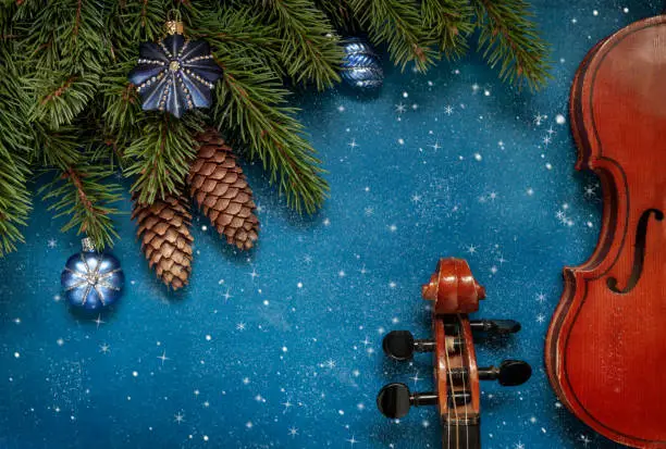 Two Old violins and fir-tree branches with Christmas decor