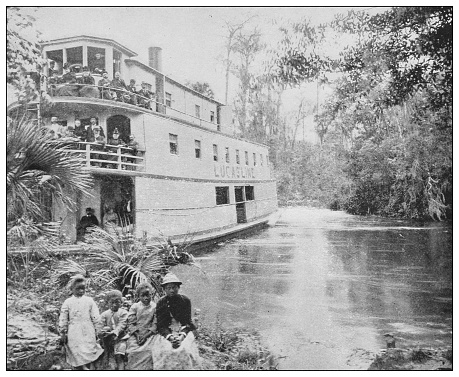 Antique black and white photo of the United States: Tourists on the Ocklawaha river, Florida