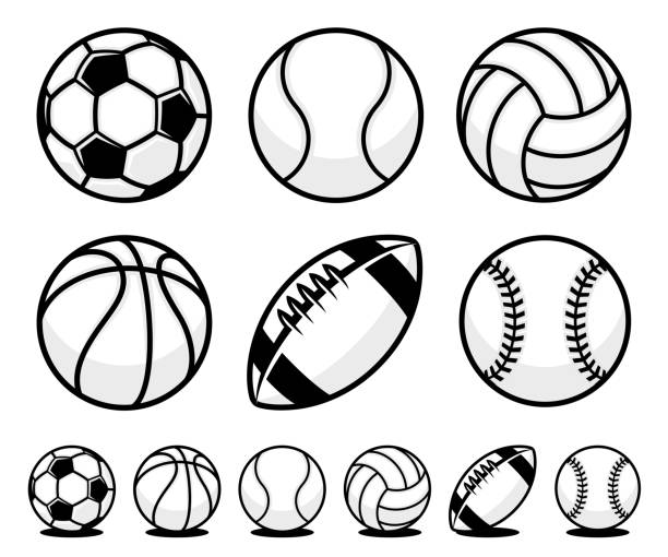 satz von schwarz und weiß cartoon sportball-symbole - soccer ball soccer ball sport stock-grafiken, -clipart, -cartoons und -symbole