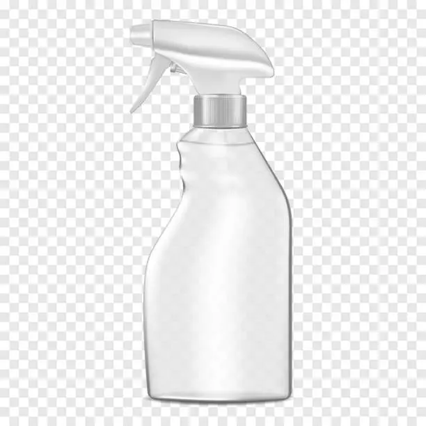 Vector illustration of Clear plastic mist spray bottle filled with liquid on transparent background, vector mockup. Water spraying container, mock-up. Trigger pump sprayer with screw cap, template