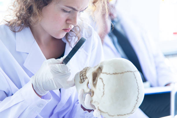 istock Young beautiful woman scientist in white suit study skull in laboratory. 1286362234