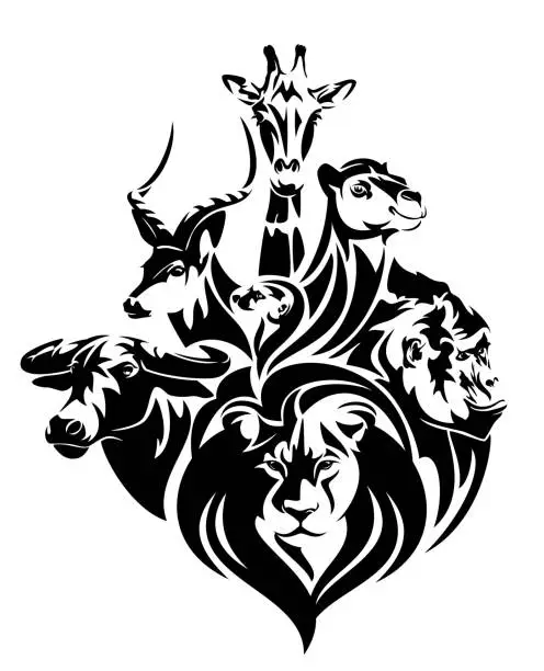Vector illustration of african wildlife black vector portraits of lion, antelope, giraffe and gorilla