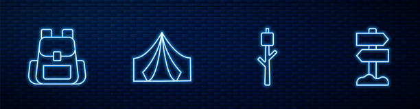 Set line Marshmallow on stick, Hiking backpack, Tourist tent and Road traffic signpost. Glowing neon icon on brick wall. Vector Set line Marshmallow on stick, Hiking backpack, Tourist tent and Road traffic signpost. Glowing neon icon on brick wall. Vector. hiking snack stock illustrations