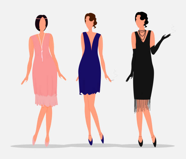 Silhouettes of girls of the 1920s. Three girls in full growth. Vector. Flat cartoon style. Silhouettes of girls of the 1920s. Three girls in full growth. Vector. Flat cartoon style vintage of burlesque dancers stock illustrations