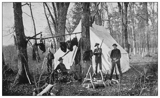Antique black and white photo of the United States: Hunter's camp, Clear Lake, Illinois