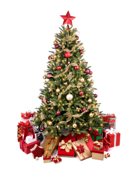 verfraaide kerstboom in rood en goud - kerstboom stockfoto's en -beelden