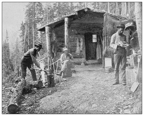 Antique black and white photo of the United States: Miner's camp, gold mine in Colorado