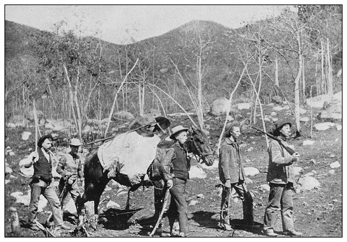 Antique black and white photo of the United States: Prospectors in the Rocky Mountains