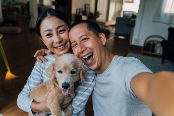 Young adult Asian couple holding a puppy taking a selfie from a phone with home interior in background. 30s mature man and woman with dog pet taking a family photo shots. - Happy group portrait. Young adult Asian couple holding a puppy taking a selfie from a phone with home interior in background. 30s mature man and woman with dog pet taking a family photo shots. - Happy group portrait animal related occupation stock pictures, royalty-free photos & images