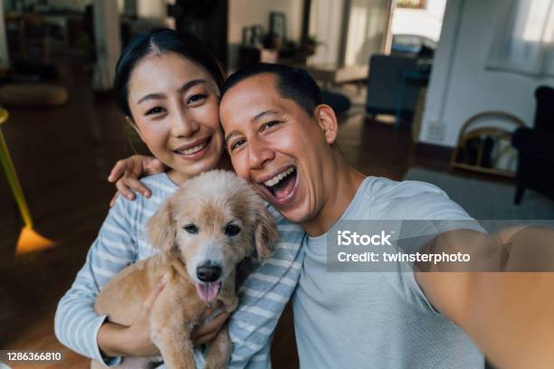 Young Adult Asian Couple Holding A Puppy Taking A Selfie From A Phone With Home Interior In Background 30s Mature Man And Woman With Dog Pet Taking A Family Photo Shots Happy Group Portrait Stock Photo - Download Image Now