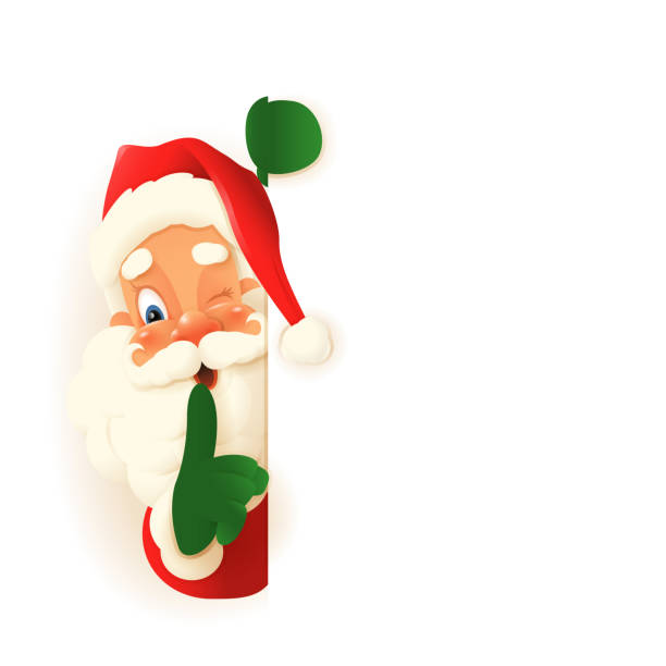 illustrazioni stock, clip art, cartoni animati e icone di tendenza di carino babbo natale sbirciando sul lato sinistro della scheda, dicendo silenzio essere tranquillo con il dito sulle labbra gesto shhh - illustrazione vettoriale isolato su sfondo trasparente - blackboard christmas retro revival old fashioned