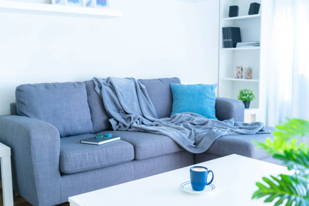 istock Modern gray couch with blanket and pillow 1286369133