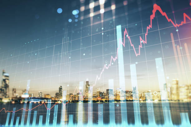 istock Multi exposure of virtual creative financial chart hologram on Chicago skyscrapers background, research and analytics concept 1286369697