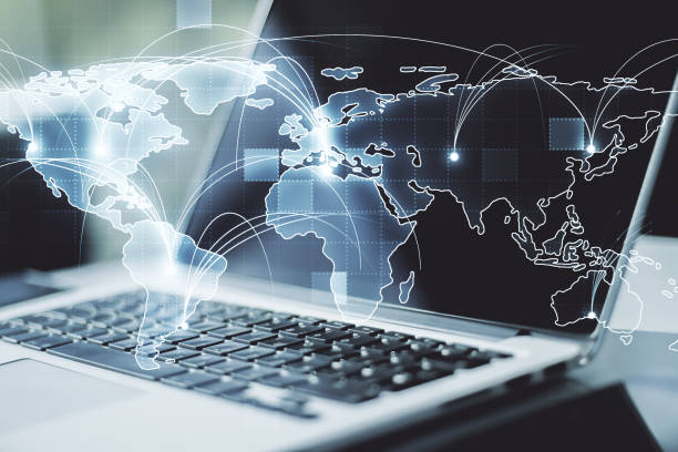 istock Abstract graphic digital world map with connections on modern computer background, globalization concept. Multiexposure 1286369750