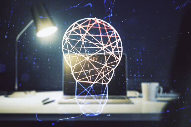 istock Creative light bulb hologram on modern laptop background, idea concept. Multiexposure 1286369915