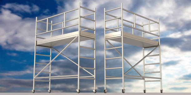 torri di scaffolding su sfondo cielo blu nuvoloso. illustrazione 3d - scaffolding wheel construction site metal foto e immagini stock