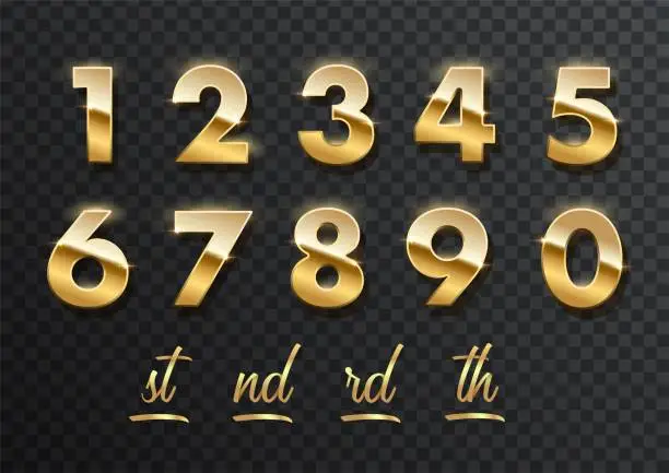 Vector illustration of Gold numbers with endings made of golden ribbons isolated on transparent background. Vector decorative design elements