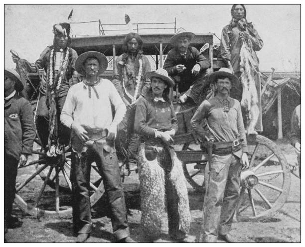 Antique black and white photo of the United States: Arizona Stage-Coach and passengers Antique black and white photo of the United States: Arizona Stage-Coach and passengers cowboy photos stock illustrations