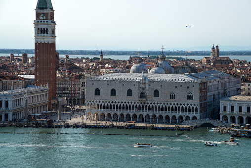 Venice Panorama seen from the tower of the church San Giorgio Maggiore. The image was captured during the worldwide coronavirus pandemic.