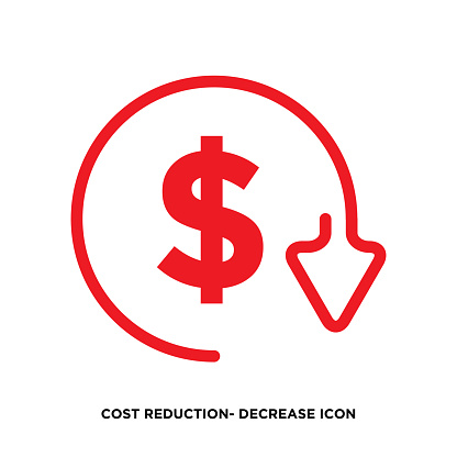 Cost reduction- decrease icon. Vector symbol image isolated on background stock illustration