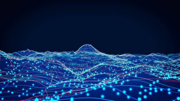 Mountains and reliefs, virtual reality, simulation. Hud. Connections and links, social networks. Terrain and augmented reality