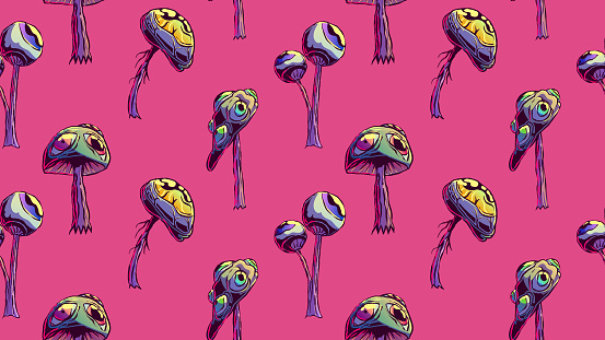 Hand drawn surreal seamless illustration - Mushrooms with eyes.