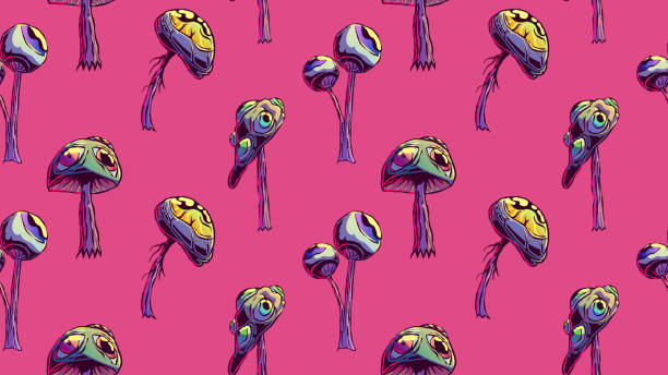 Hand drawn surreal seamless illustration - Mushrooms with eyes. Hand drawn surreal cartoon seamless illustration - Mushrooms with eyes. magic eye pattern stock illustrations