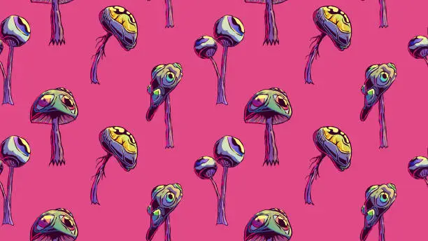 Vector illustration of Hand drawn surreal seamless illustration - Mushrooms with eyes.