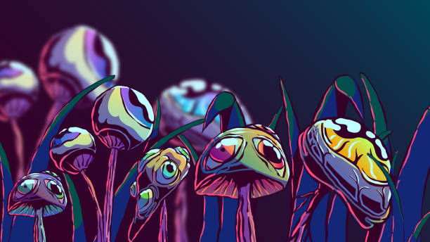 Hand-drawn surreal illustration - Mushrooms with eyes. Hand-drawn surreal illustration - Mushrooms in the grass. Mushrooms with eyes. psychedelic art stock illustrations
